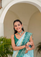 Teal Green Kota Silk Saree Draped Look - Bandhani Print Detail