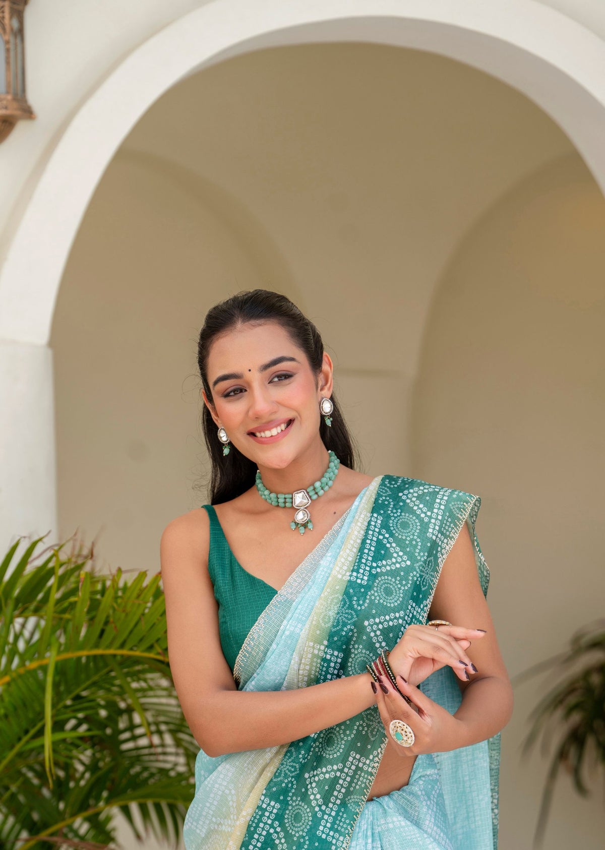 Teal Green Kota Silk Saree Draped Look - Bandhani Print Detail