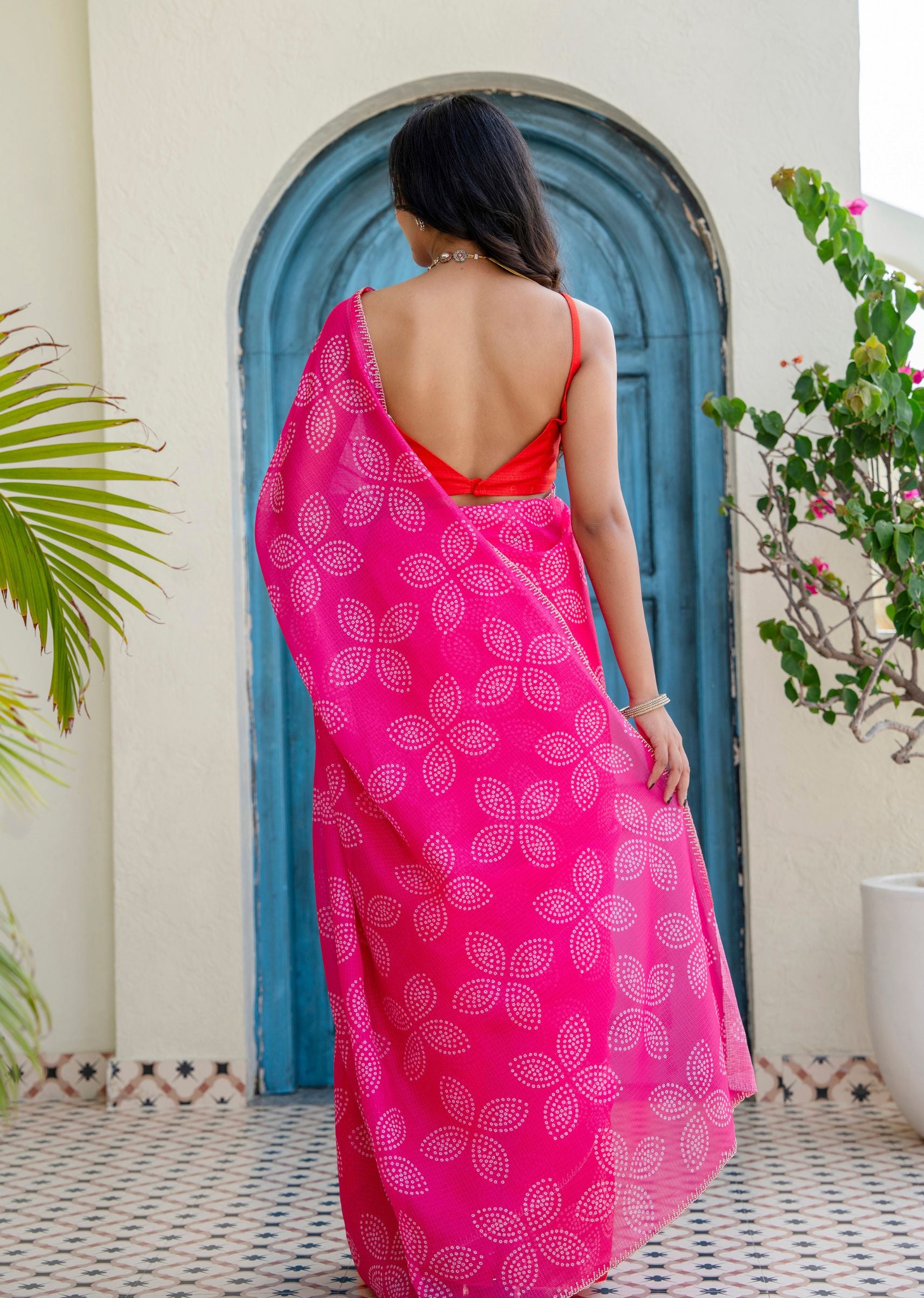 Rani Pink Kota Silk Saree Back Pose - Bandhani Print Detail