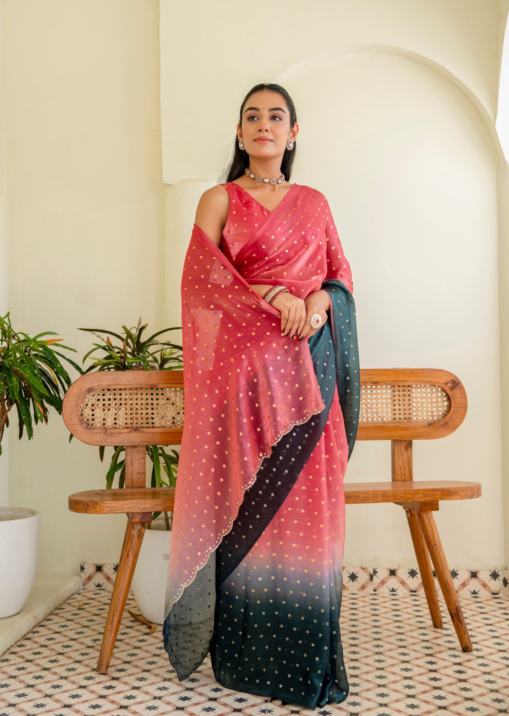 Coral Pink Organza Silk Saree Outdoor Look - Festive Wear Saree