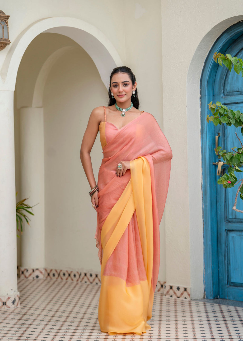Peach Orange Organza Saree Outdoor Look - Festive Wear Saree