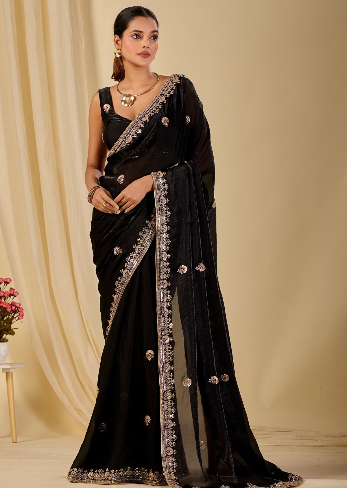 Black Italian Silk Saree With Embroidery And Stone Work - Front Look | Buy Online Ethnic9