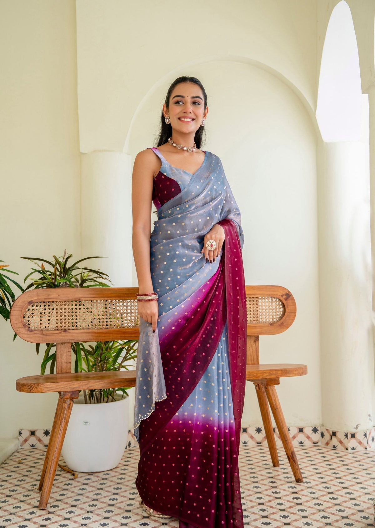 Royal Wine Grey Organza Silk Saree Pallu Close Up - Embellished Border Detail