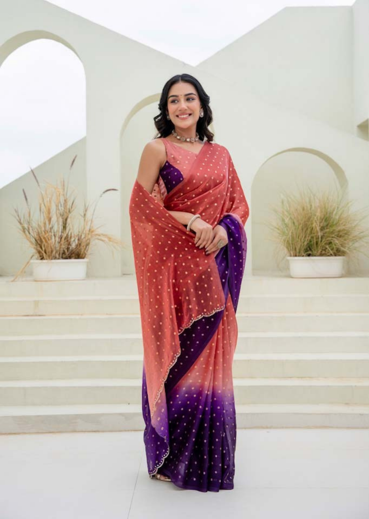 Orange Purple Organza Silk Saree Draped Pose - Dual Tone Drape Detail