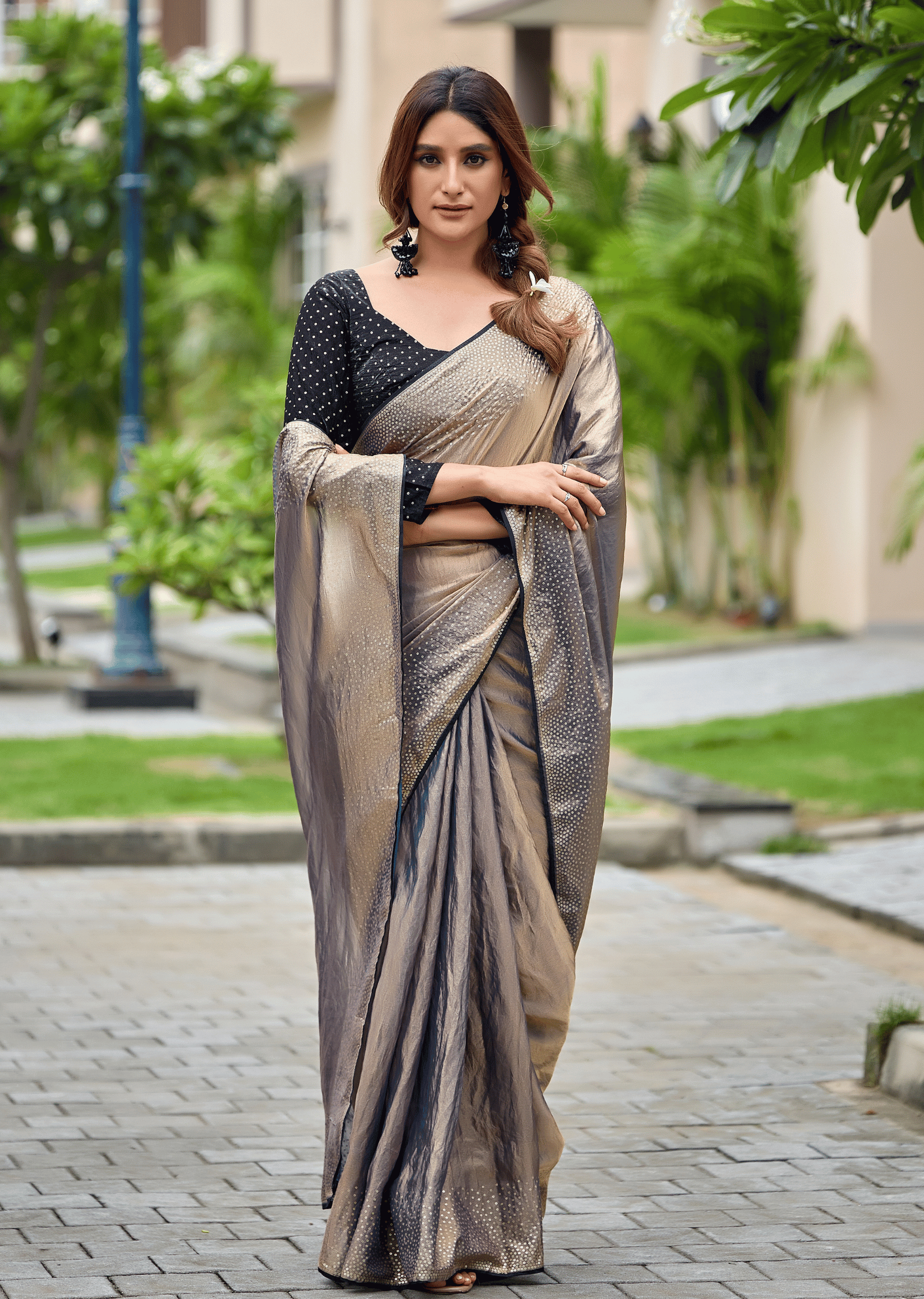 Grey Italian Silk Saree With Sequin Work - Front Look | Buy Online Ethnic9