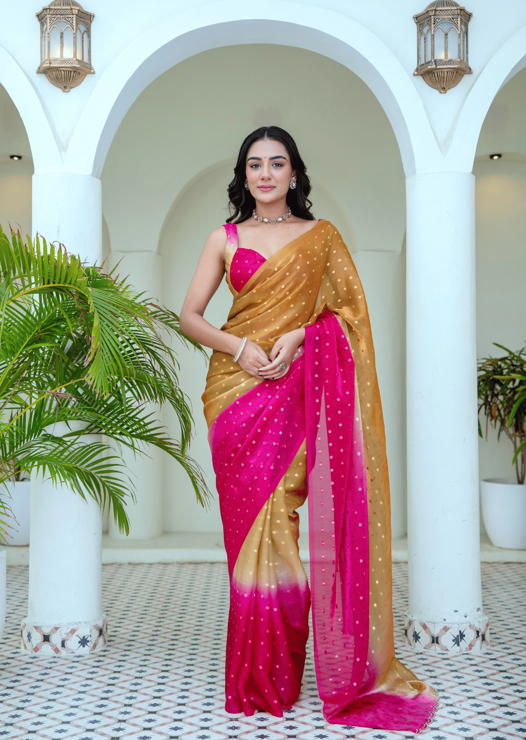 Pista Pink Organza Silk Saree Outdoor Look - Party Wear Saree