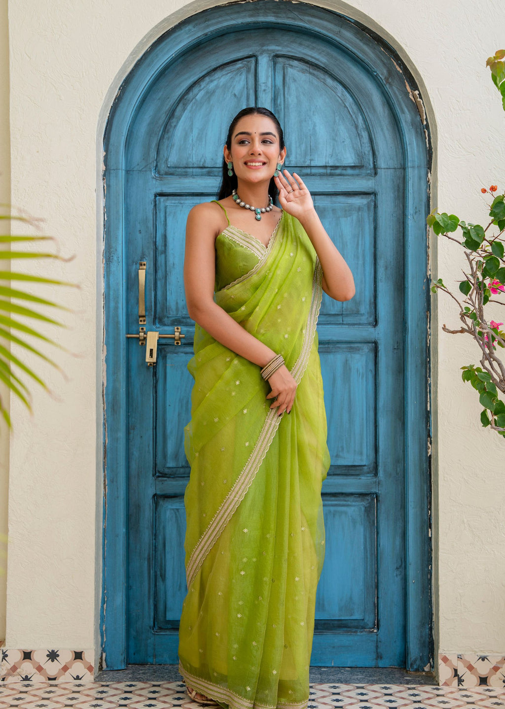 Lime Green Tissue Silk Saree Outdoor Look - Party Wear Saree