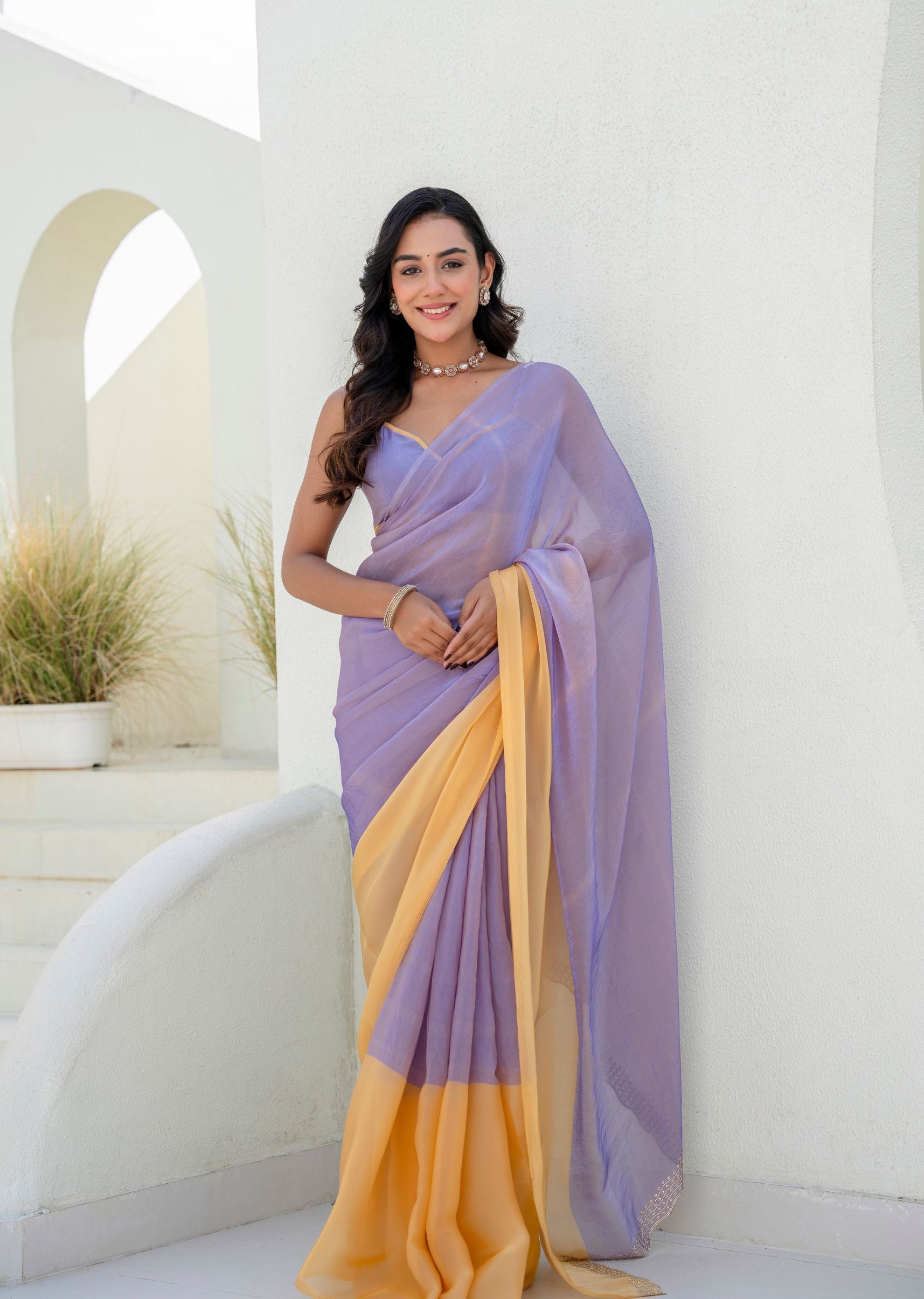 Lavender Organza Saree Draped Pose - Sheer Texture Detail