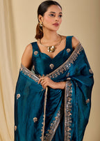Teal Blue Italian Silk Saree Outdoor Styled Look - Wedding Wear Saree
