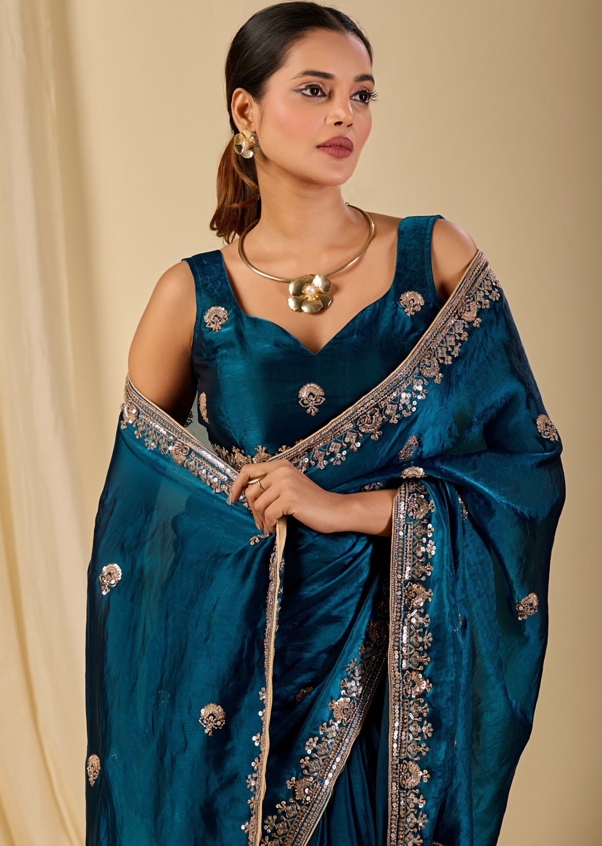Teal Blue Italian Silk Saree Outdoor Styled Look - Wedding Wear Saree
