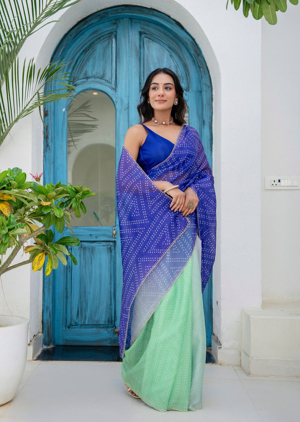 Royal Blue Green Kota Silk Saree Outdoor Styled Pose - Party Wear Saree