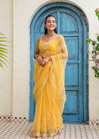Yellow Tissue Silk Saree With Zari Work - Front Look | Buy Online Ethnic9