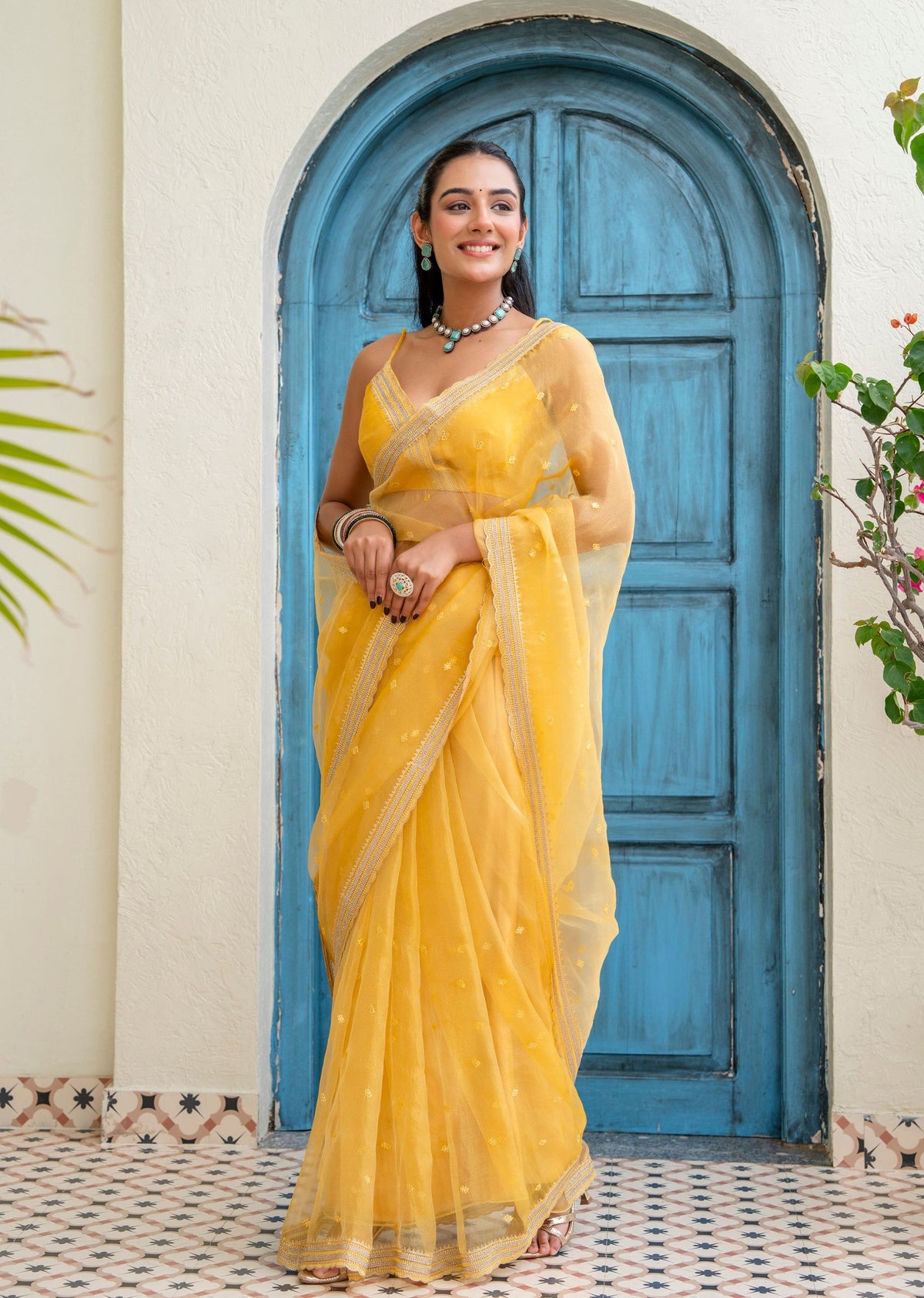 Yellow Tissue Silk Saree With Zari Work - Front Look | Buy Online Ethnic9