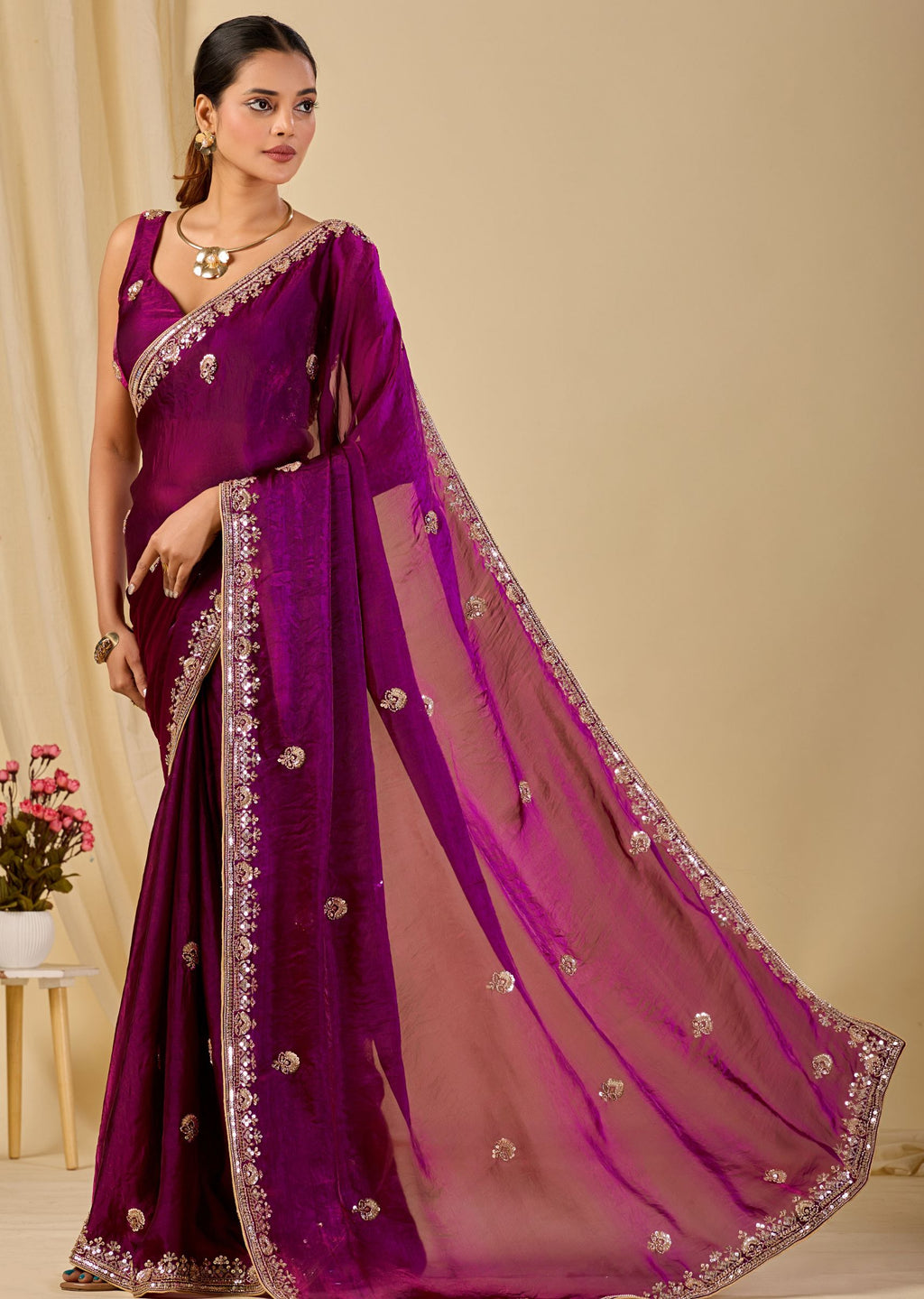 Wine Purple Italian Silk Saree Draped Pose - Embellished Border Detail