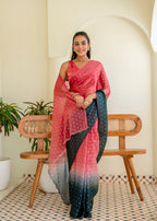 Coral Pink Organza Silk Saree Standing Pose - Party Wear Saree