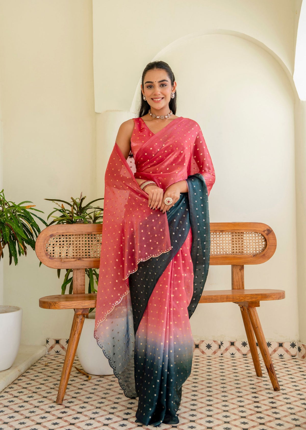 Coral Pink Organza Silk Saree Standing Pose - Party Wear Saree