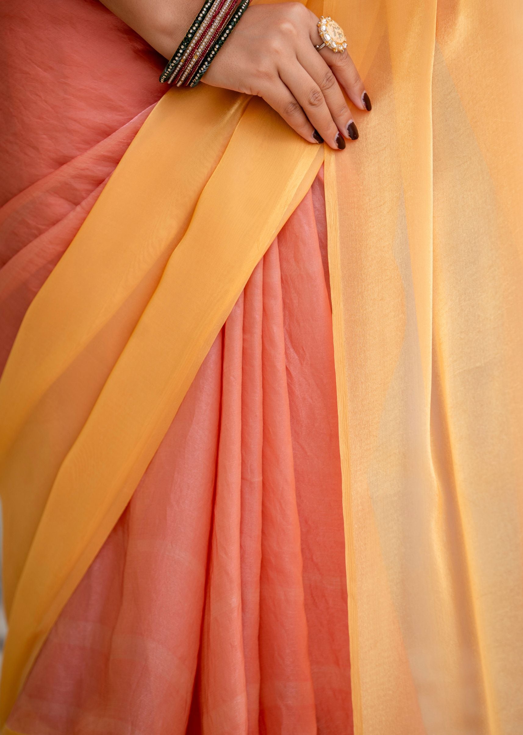 Peach Orange Organza Saree Pallu Close Up - Sheer Drape Detail