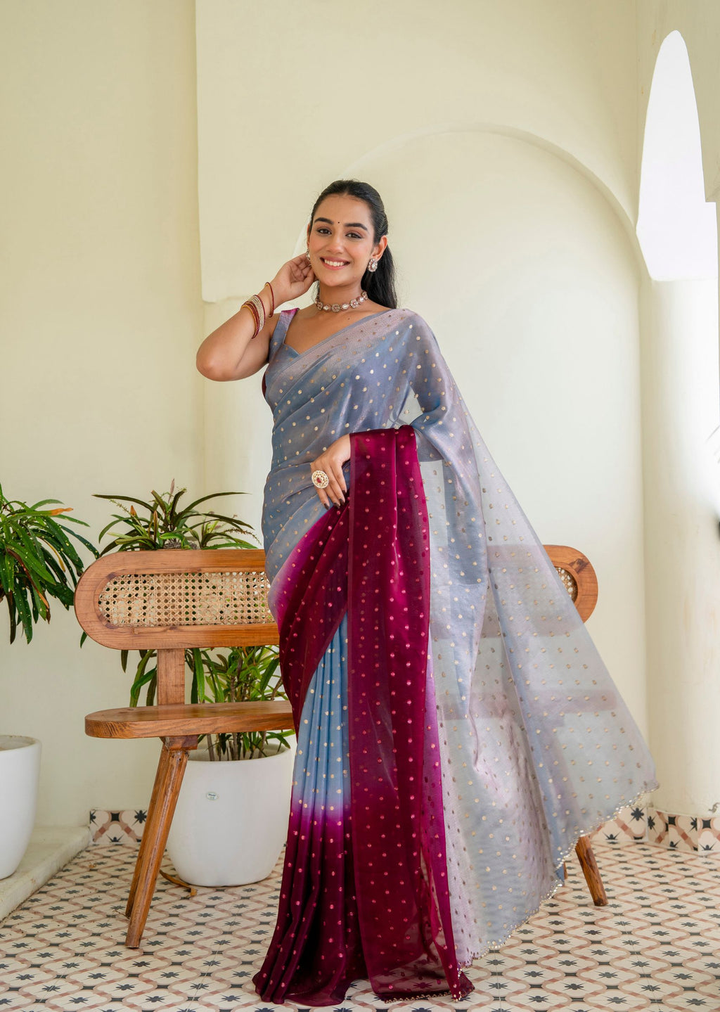 Royal Wine Grey Organza Silk Saree Outdoor Styled Look - Party Wear Saree