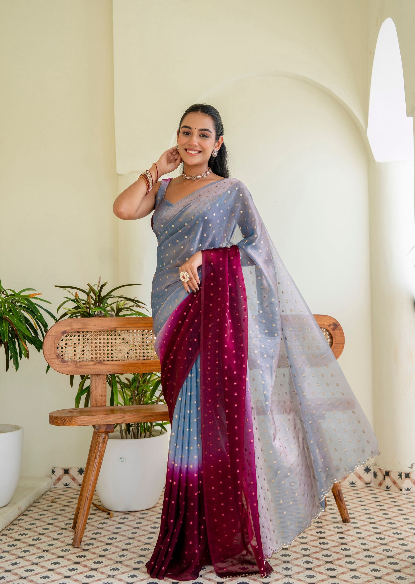 Royal Wine Grey Organza Silk Saree Outdoor Styled Look - Party Wear Saree