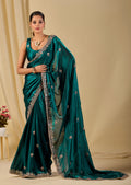 Teal Italian Silk Saree With Embroidery And Stone Work - Front Look | Buy Online Ethnic9