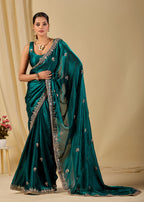 Teal Italian Silk Saree With Embroidery And Stone Work - Front Look | Buy Online Ethnic9