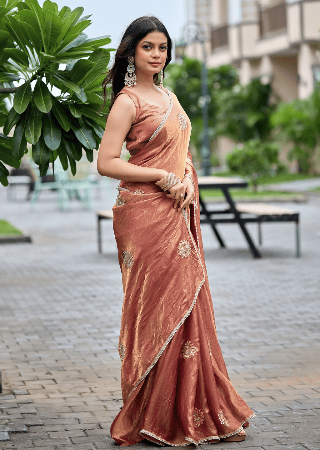 Copper Orange Italian Silk Saree Draped Pose - Pearl Trimmed Border Detail