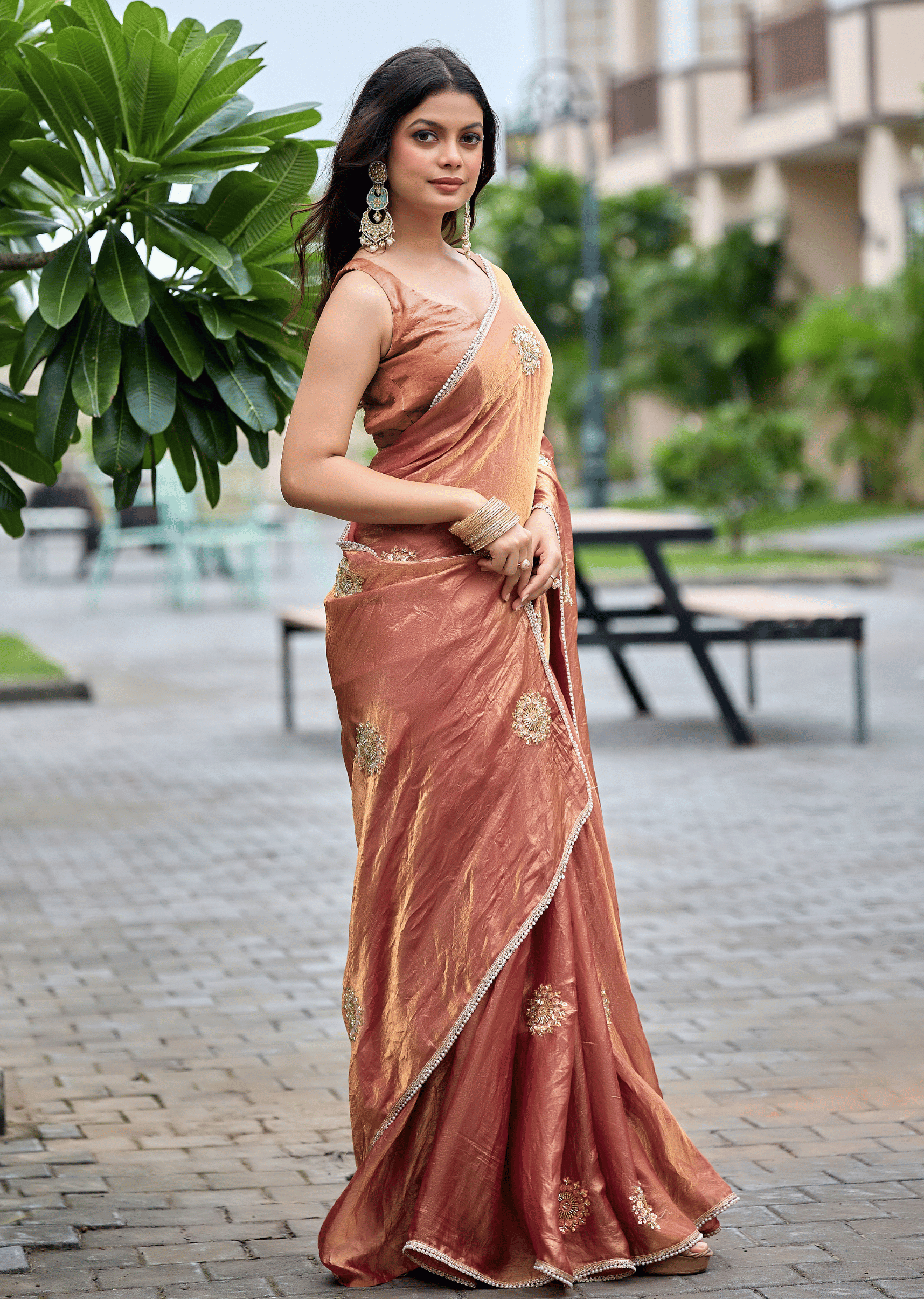 Copper Orange Italian Silk Saree Draped Pose - Pearl Trimmed Border Detail