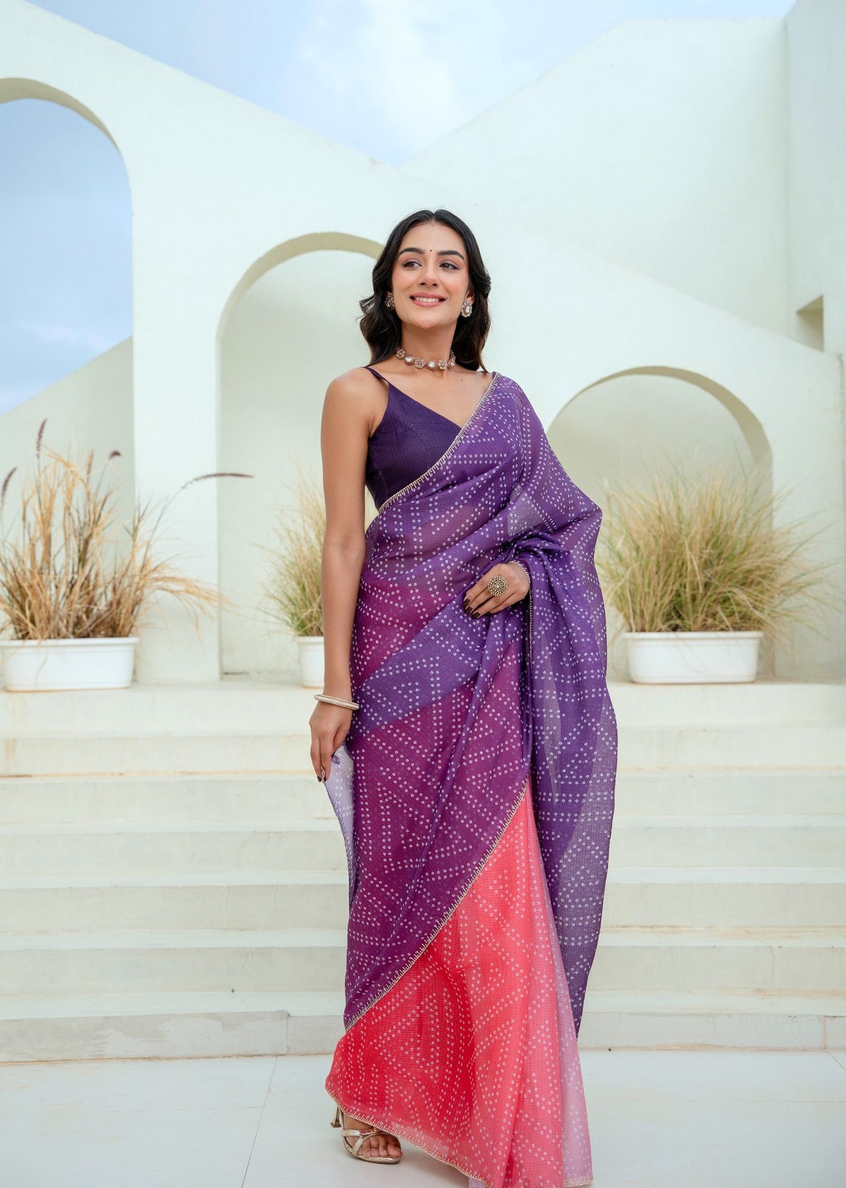 Purple Red Kota Silk Saree With Bandhani Dots And Stone Work - Front Look | Buy Online Ethnic9