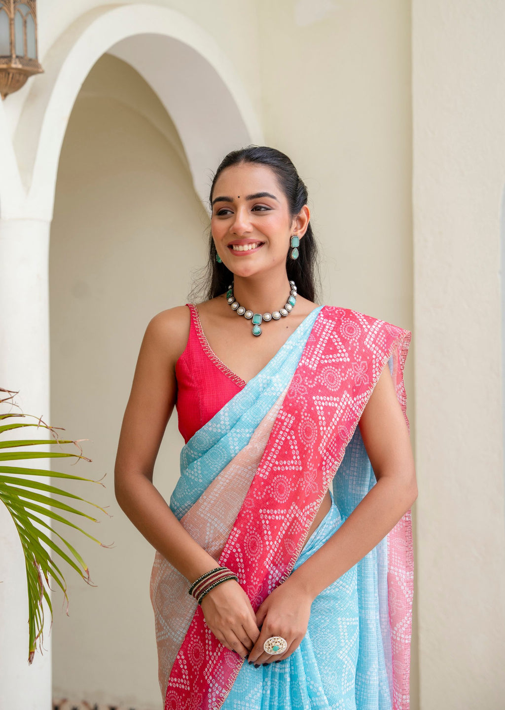 Firozi Red Kota Silk Saree Side View - Party Wear Saree