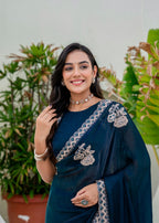 Navy Blue Italian Silk Saree Blouse Detail - Embellished Border Detail