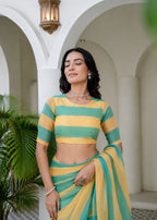 Sky Blue Organza Saree Draped Pose - Golden Yellow Tone Detail