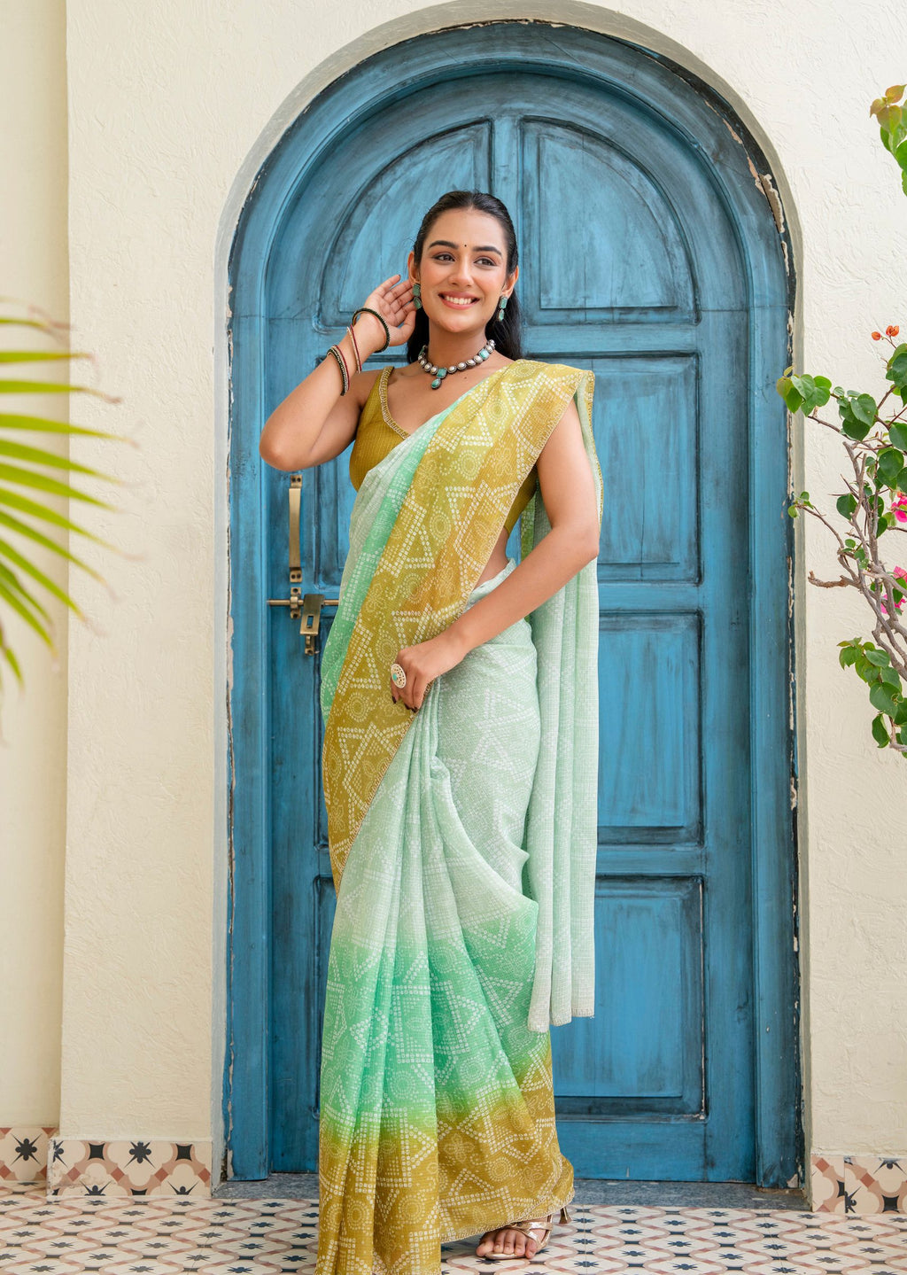 Mehendi Green Kota Silk Saree With Bandhani Print - Front Look | Buy Online Ethnic9
