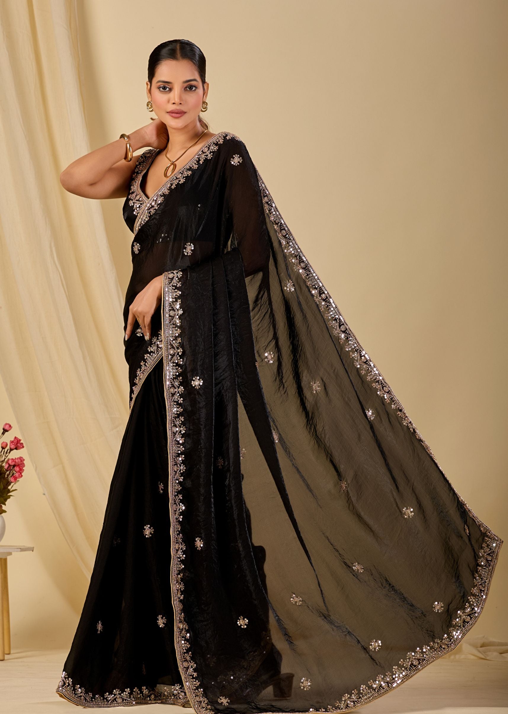 Black designer organza saree with matching embroidered blouse