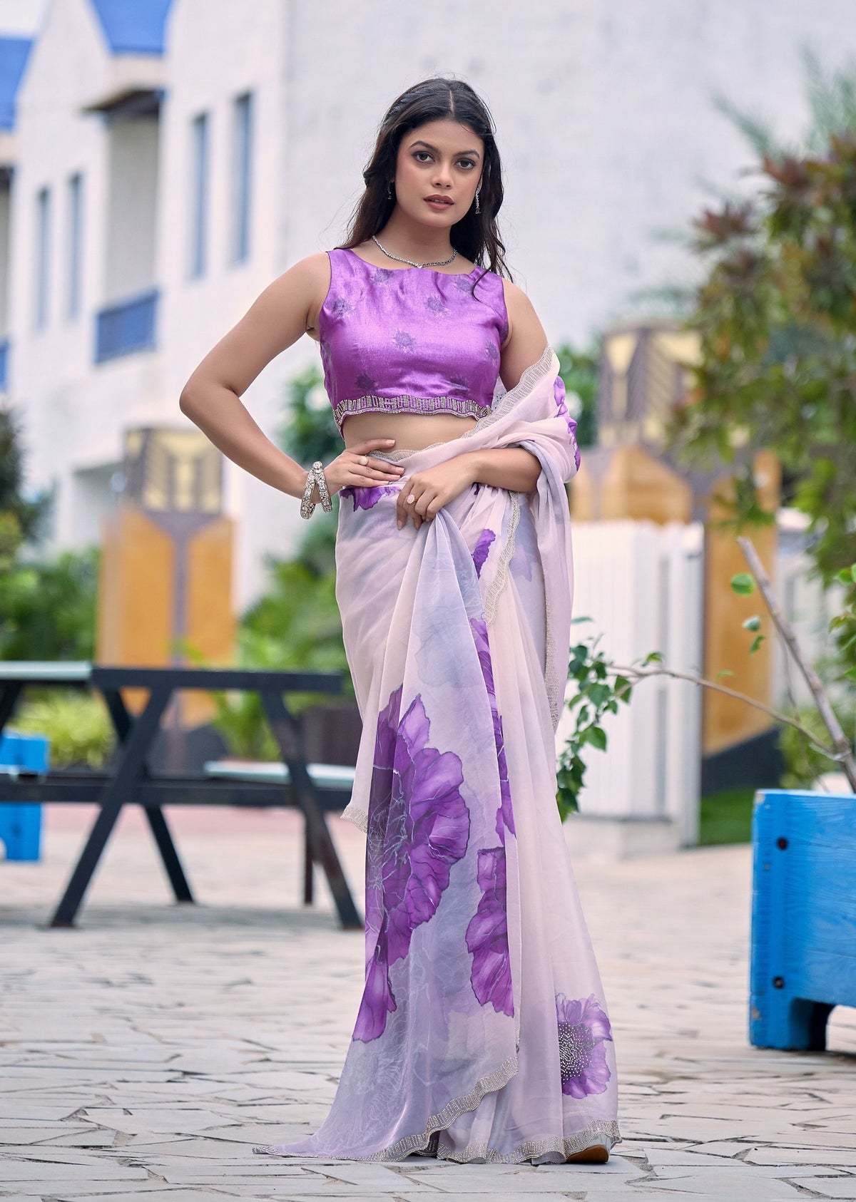 Lavender Italian Silk Saree Outdoor Styled Look - Festive Wear Saree