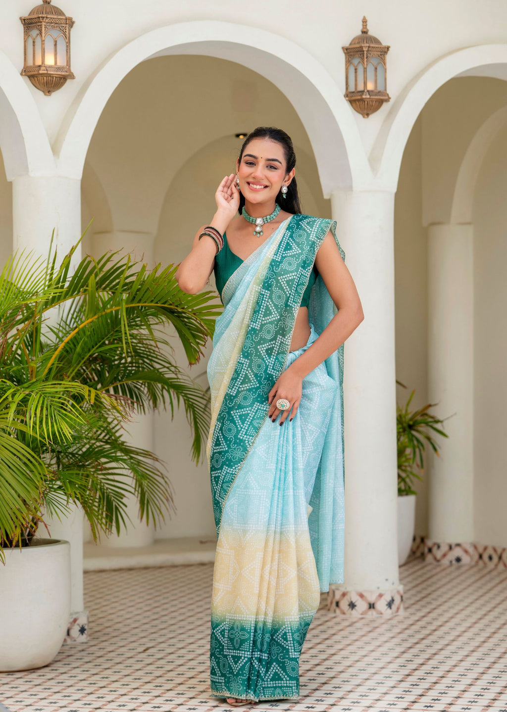 Teal Green Kota Silk Saree Outdoor Styled Look - Party Wear Saree