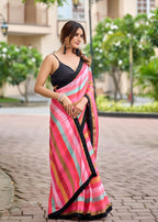 Red Italian Silk Saree Blouse Close Up - Striped Print Design