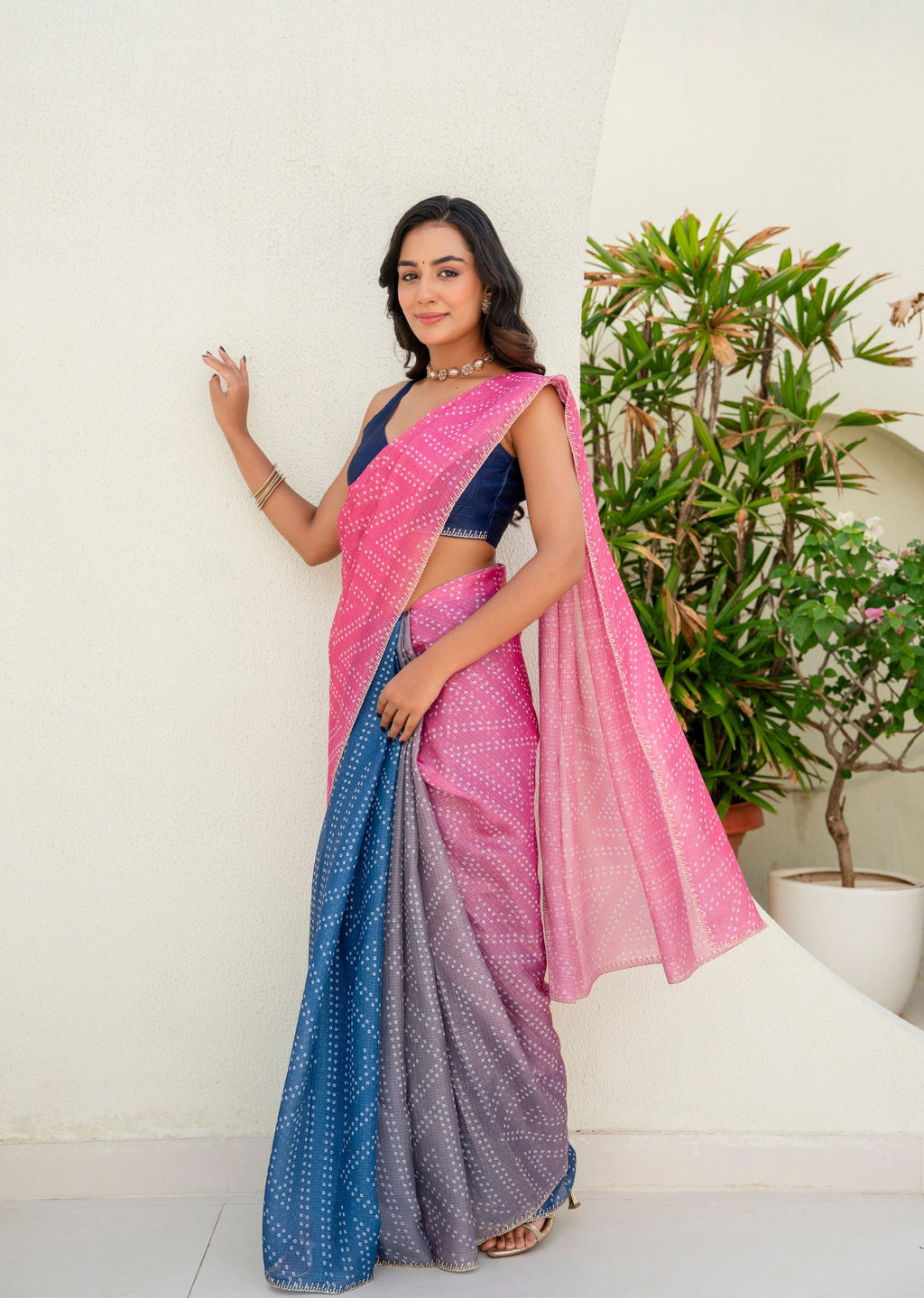 Pink Blue Kota Silk Saree Standing Look - Festive Wear Saree