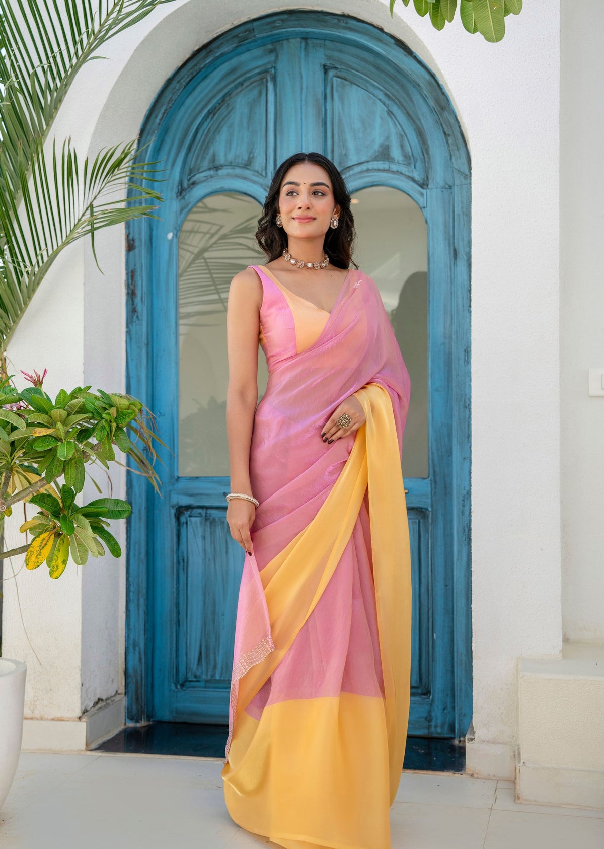 Pink Organza Saree Outdoor Styled Look - Festive Wear Saree