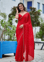 Red Italian Silk Saree Outdoor Styled Look - Wedding Wear Saree