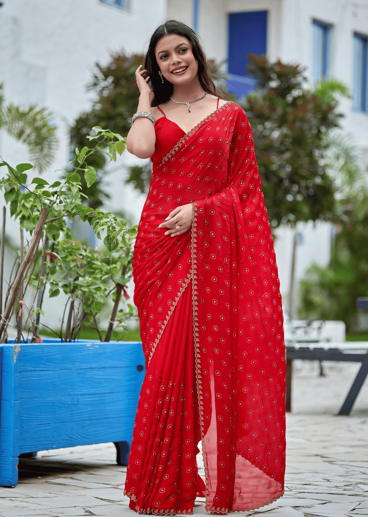 Red Italian Silk Saree Outdoor Styled Look - Wedding Wear Saree