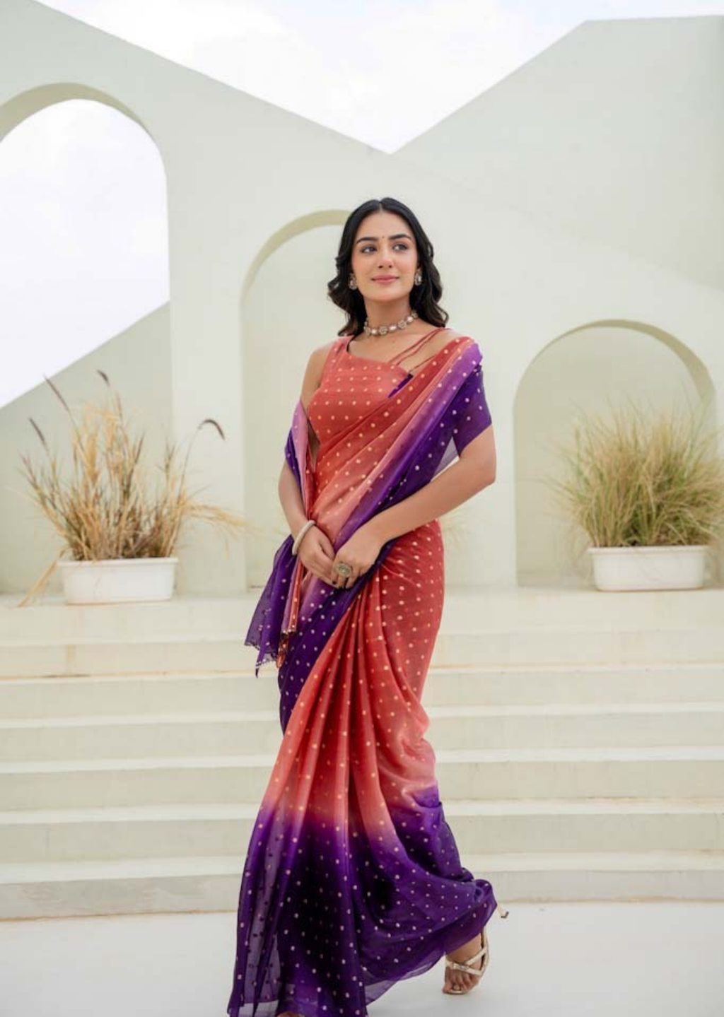 Orange Purple Organza Silk Saree Outdoor Look - Party Wear Saree