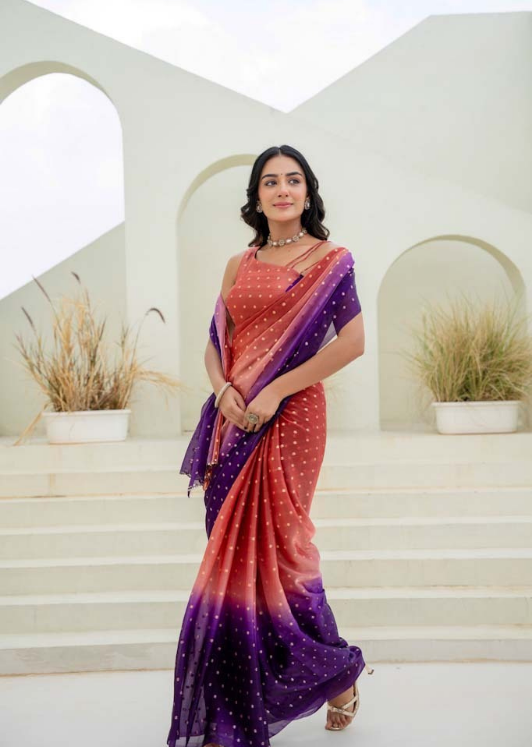 Orange Purple Organza Silk Saree Outdoor Look - Party Wear Saree
