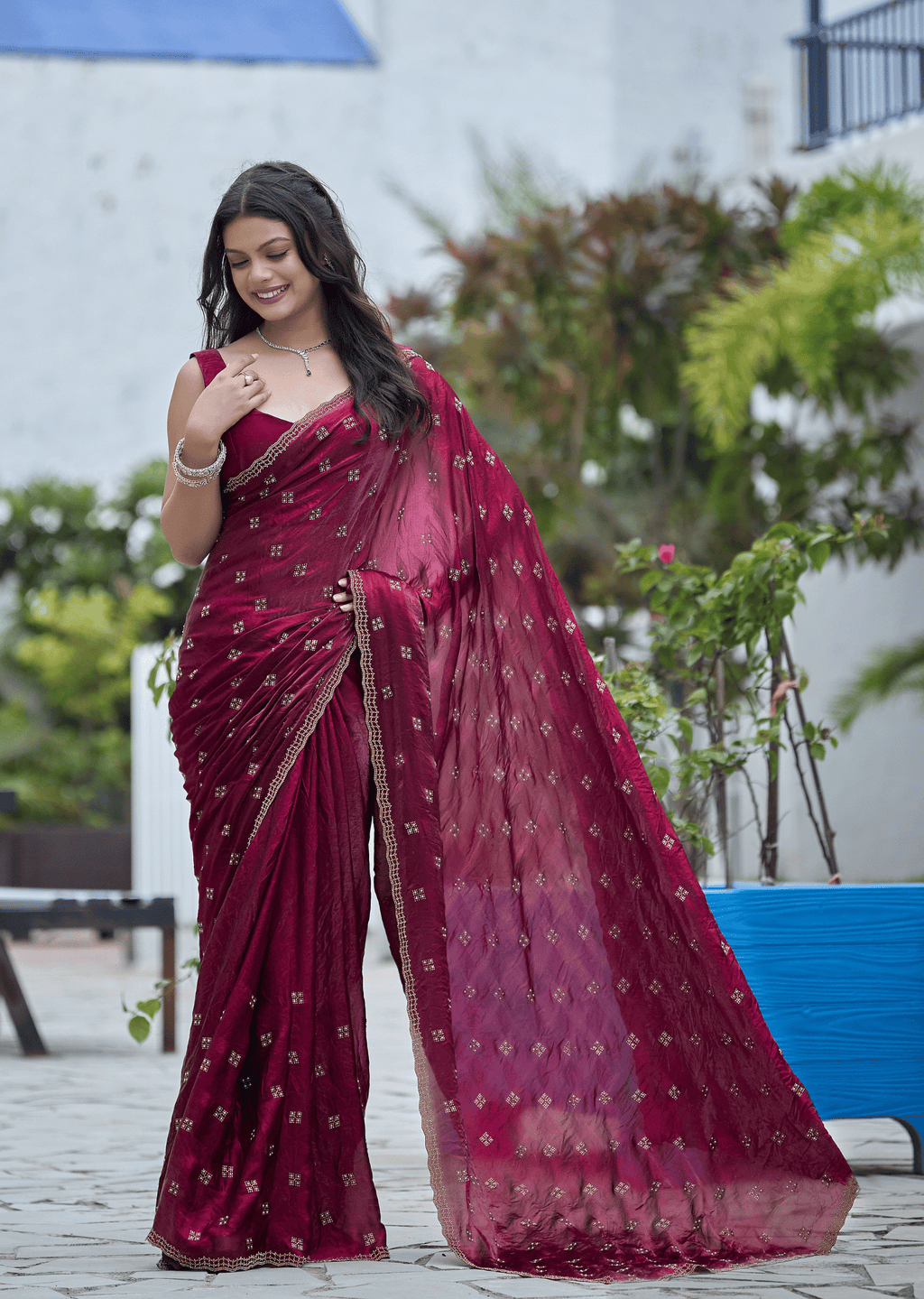 Maroon Italian Silk Saree Outdoor Styled Look - Festive Wear Saree