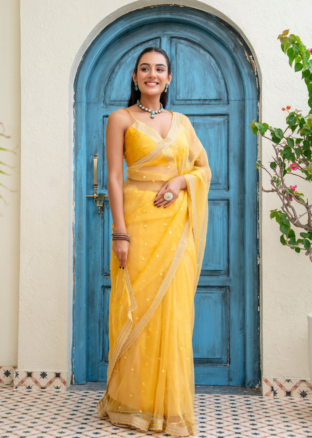Yellow Tissue Silk Saree Draped Look - Festive Wear Saree