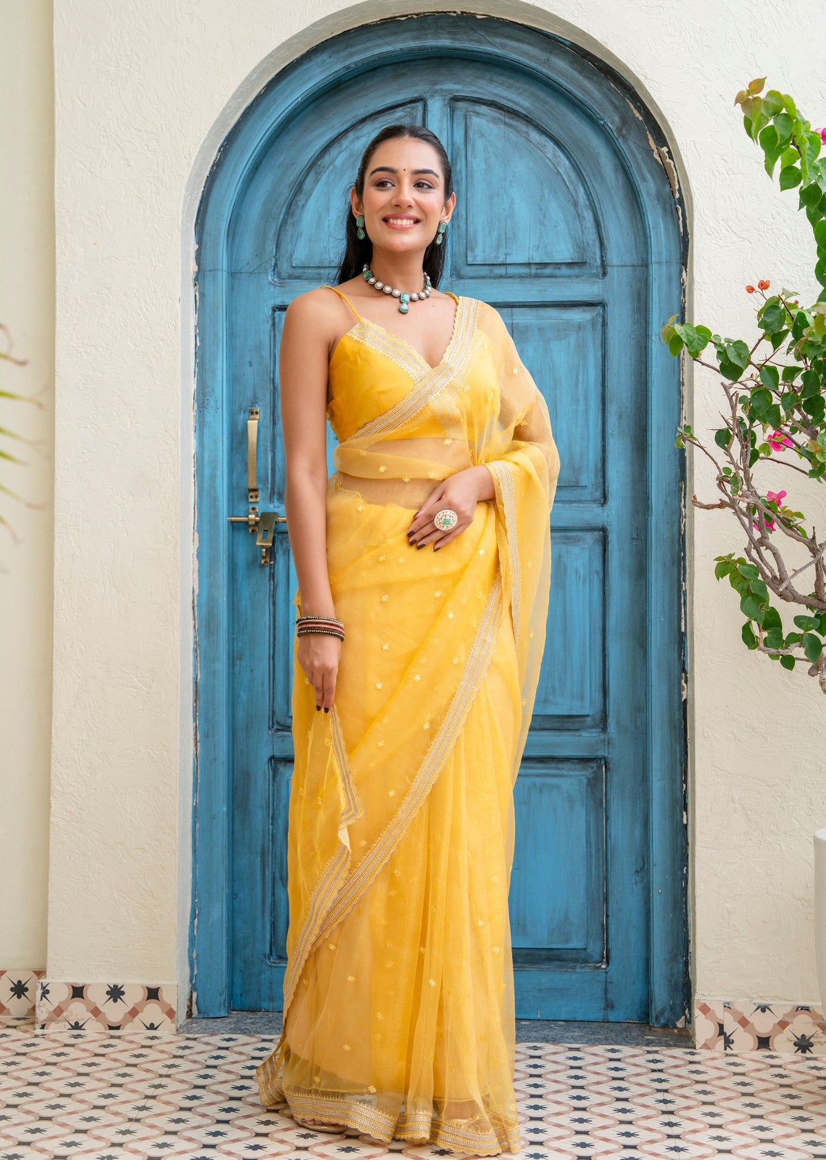 Yellow Tissue Silk Saree Draped Look - Festive Wear Saree