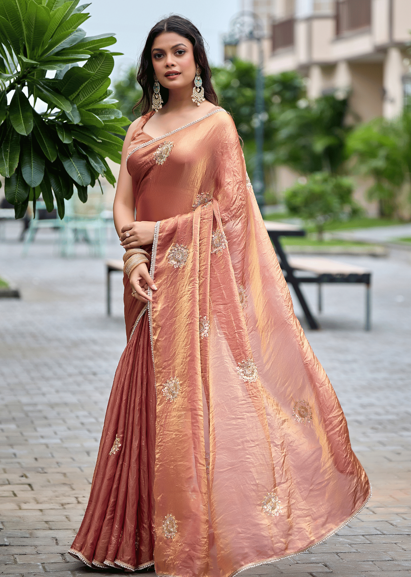 Copper Orange Italian Silk Saree With Zari Work - Front Look | Buy Online Ethnic9