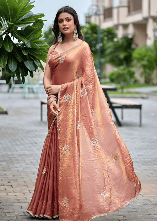 Copper Orange Italian Silk Saree With Zari Work - Front Look | Buy Online Ethnic9