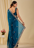 Teal Blue Italian Silk Saree Draped Look - Floral Embroidery Detail