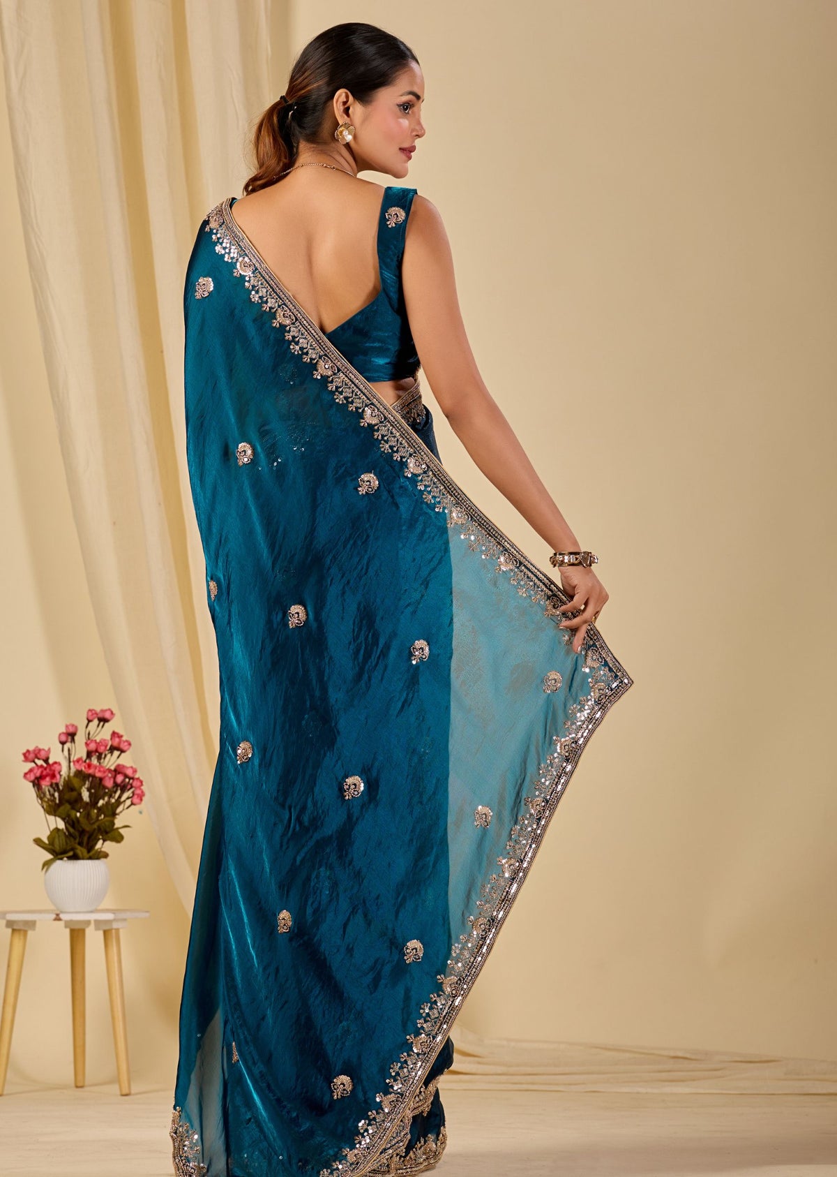Teal Blue Italian Silk Saree Draped Look - Floral Embroidery Detail