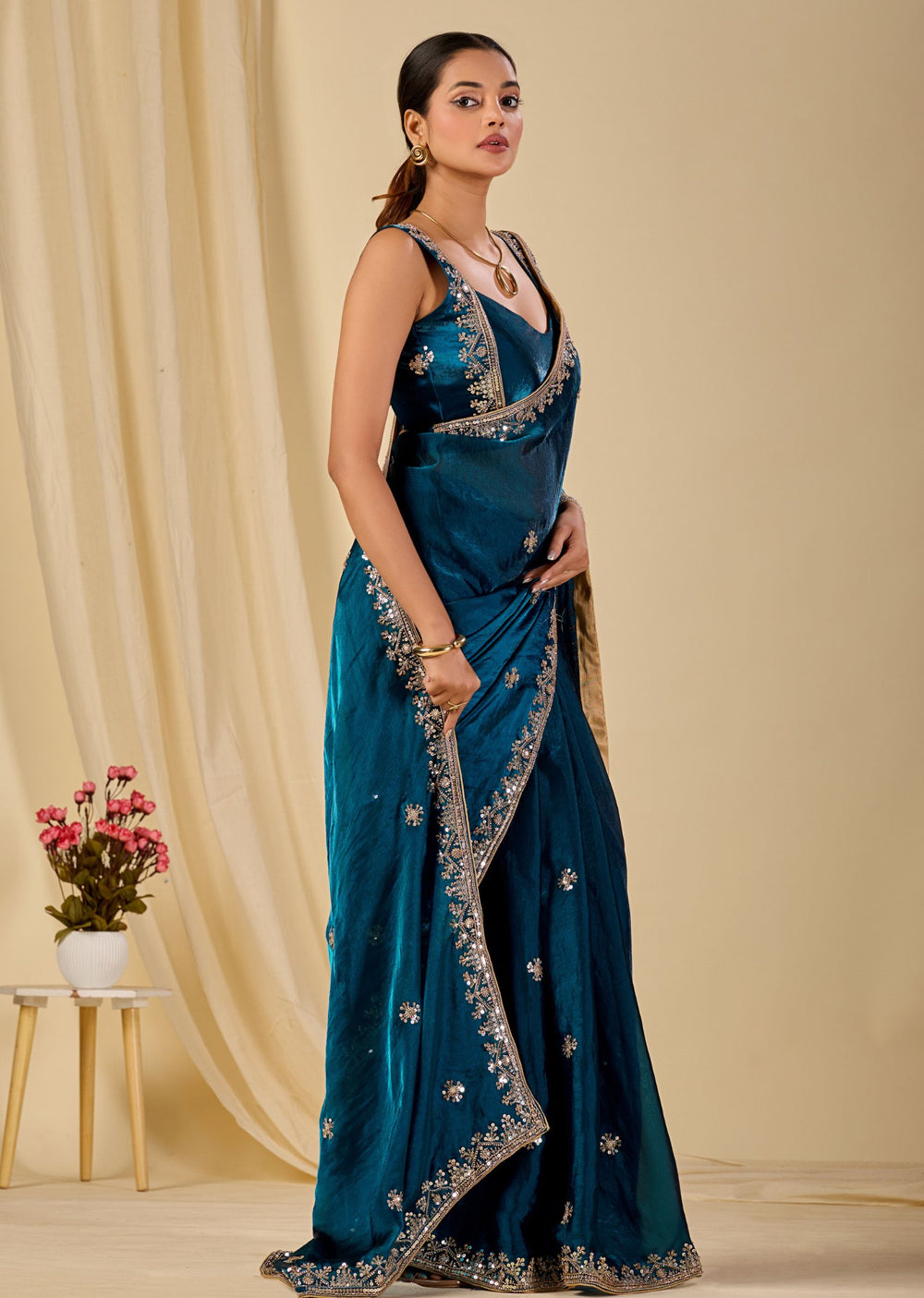Teal Blue Italian Silk Saree With Embroidery Work - Photo 5 | Buy Online Ethnic9